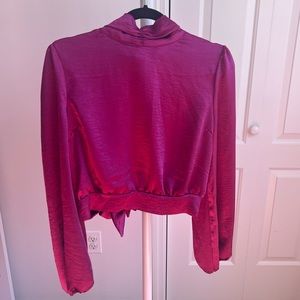 Fuchsia/Pink Long Sleeve Silk Open Back Cropped Blouse